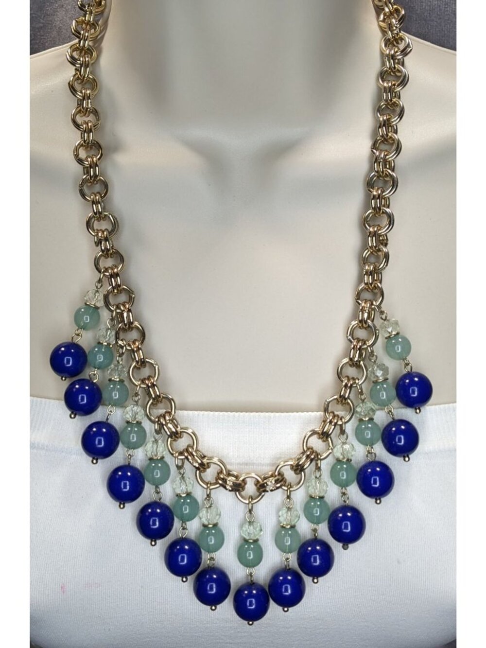 Glam Vintage Ann Taylor Blue Beaded Fringe Gold Tone Statement Necklace